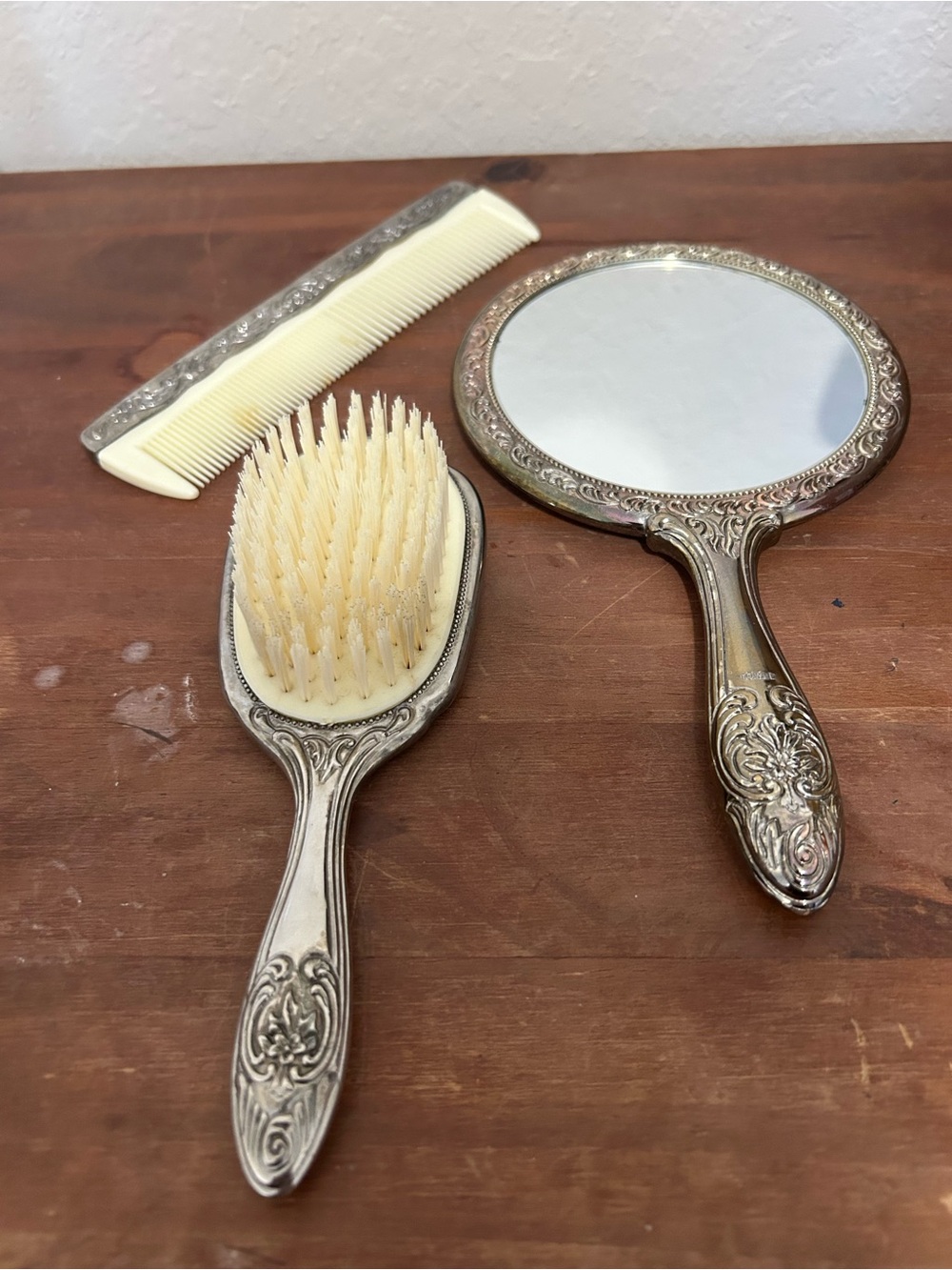 Vintage Towle Silverplated 3 Pc Dresser Set Vanity Mirror Brush Comb New
